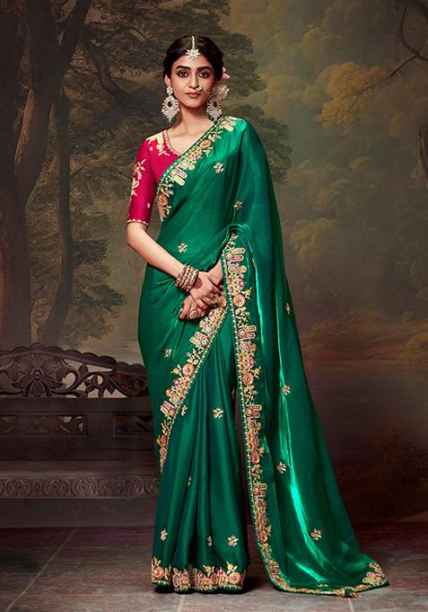 Green Embroidered Organza Saree Set