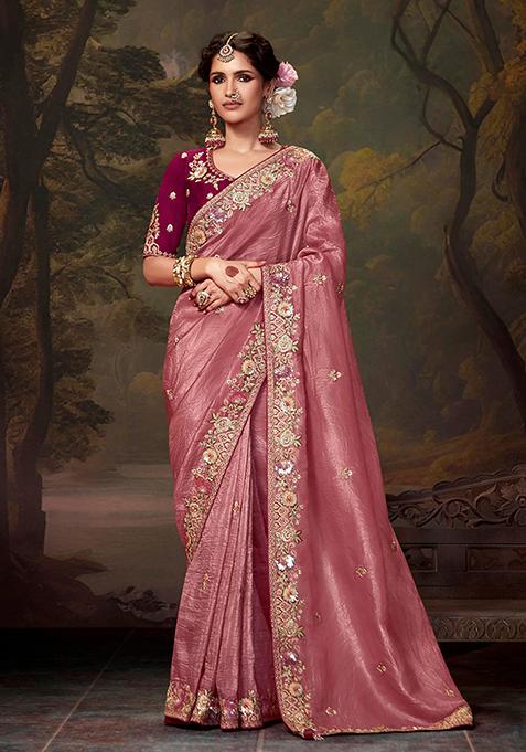 Pink Embroidered Organza Saree Set