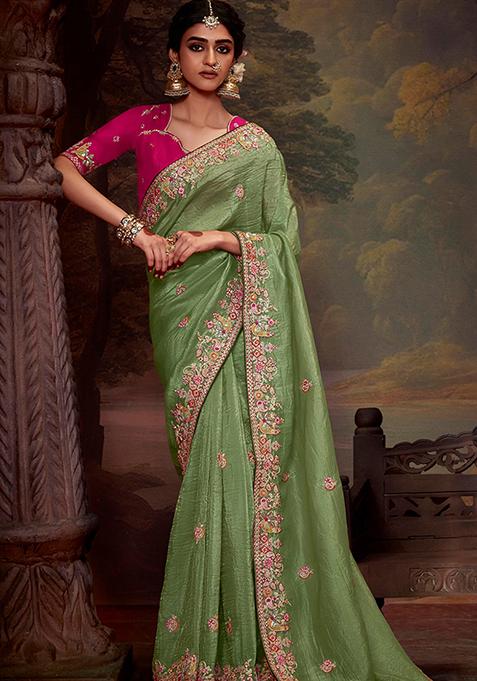 Light Green Embroidered Organza Saree Set