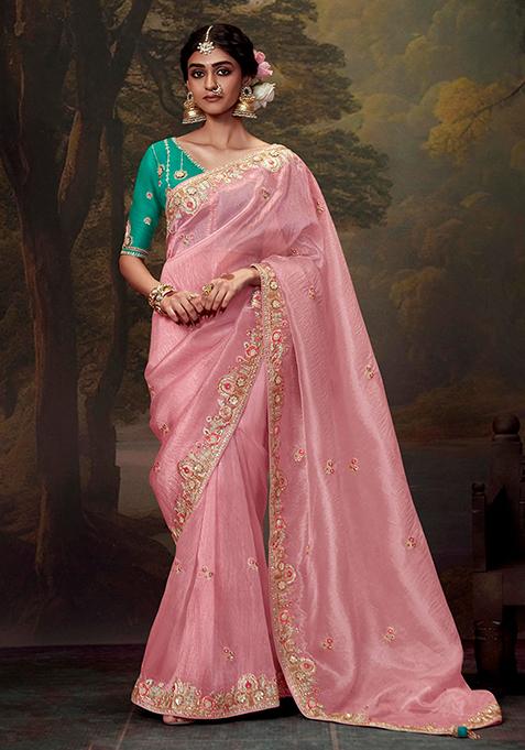 Light Pink Embroidered Organza Saree Set