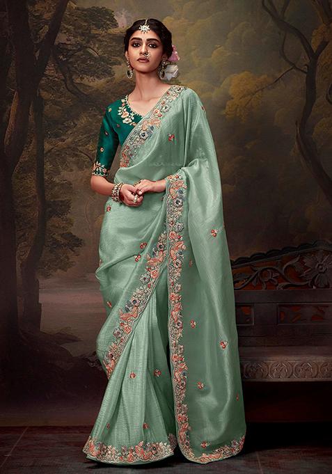 Turquoise Blue Embroidered Organza Saree Set