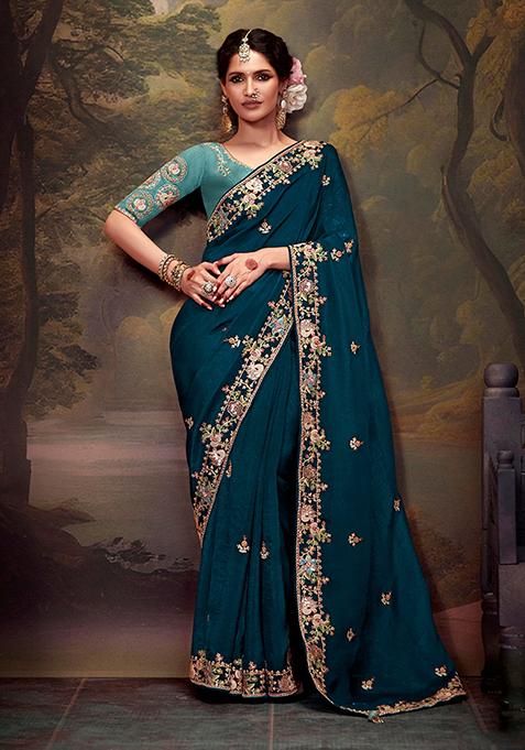 Dark Teal Embroidered Organza Saree Set