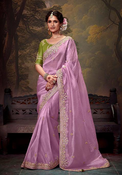 Mauve Embroidered Organza Saree Set