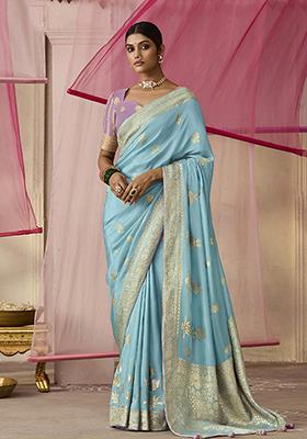 Aqua Blue Floral Print Viscose Saree Set