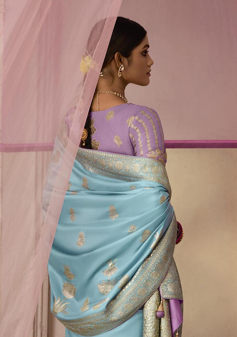 Aqua Blue Floral Print Viscose Saree Set