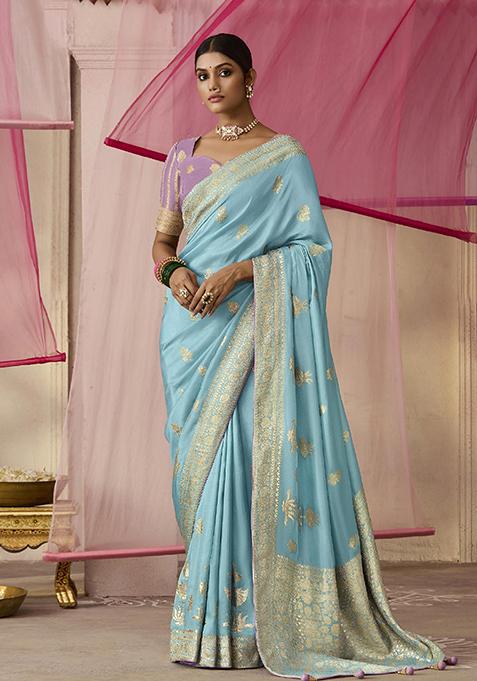 Aqua Blue Floral Print Viscose Saree Set