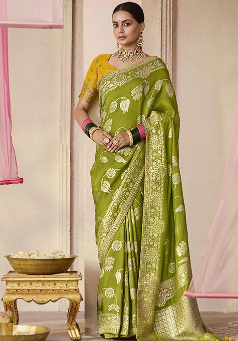 Green Floral Print Viscose Saree Set