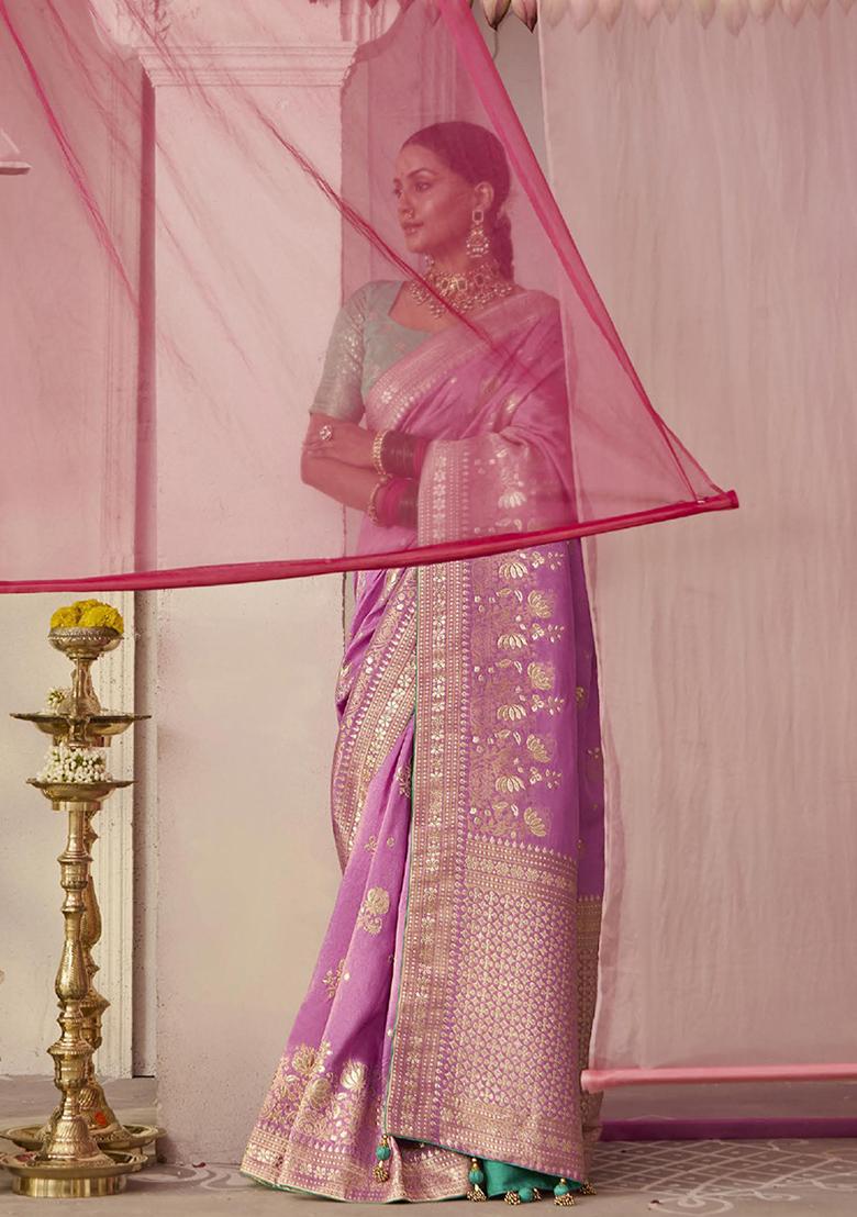 Mauve Floral Print Viscose Saree Set