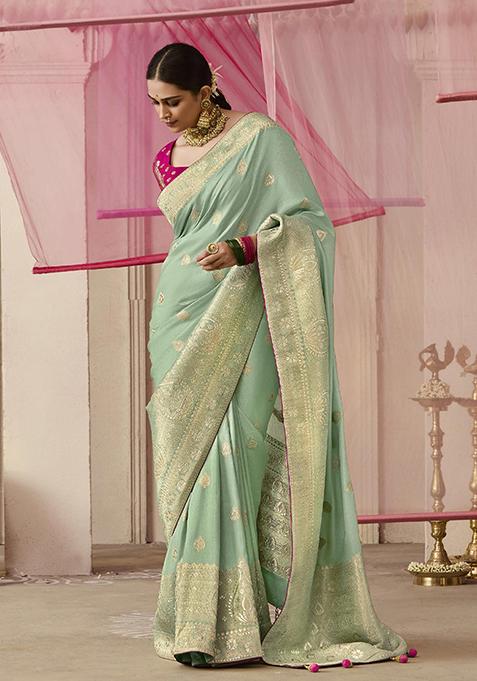 Sea Green Floral Print Viscose Saree Set