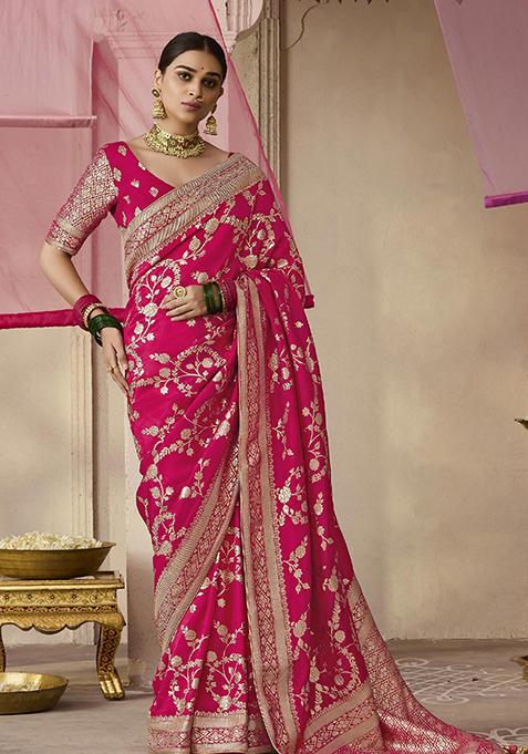 Rani Pink Floral Print Viscose Saree Set