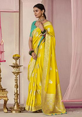 Yellow Floral Print Viscose Saree Set