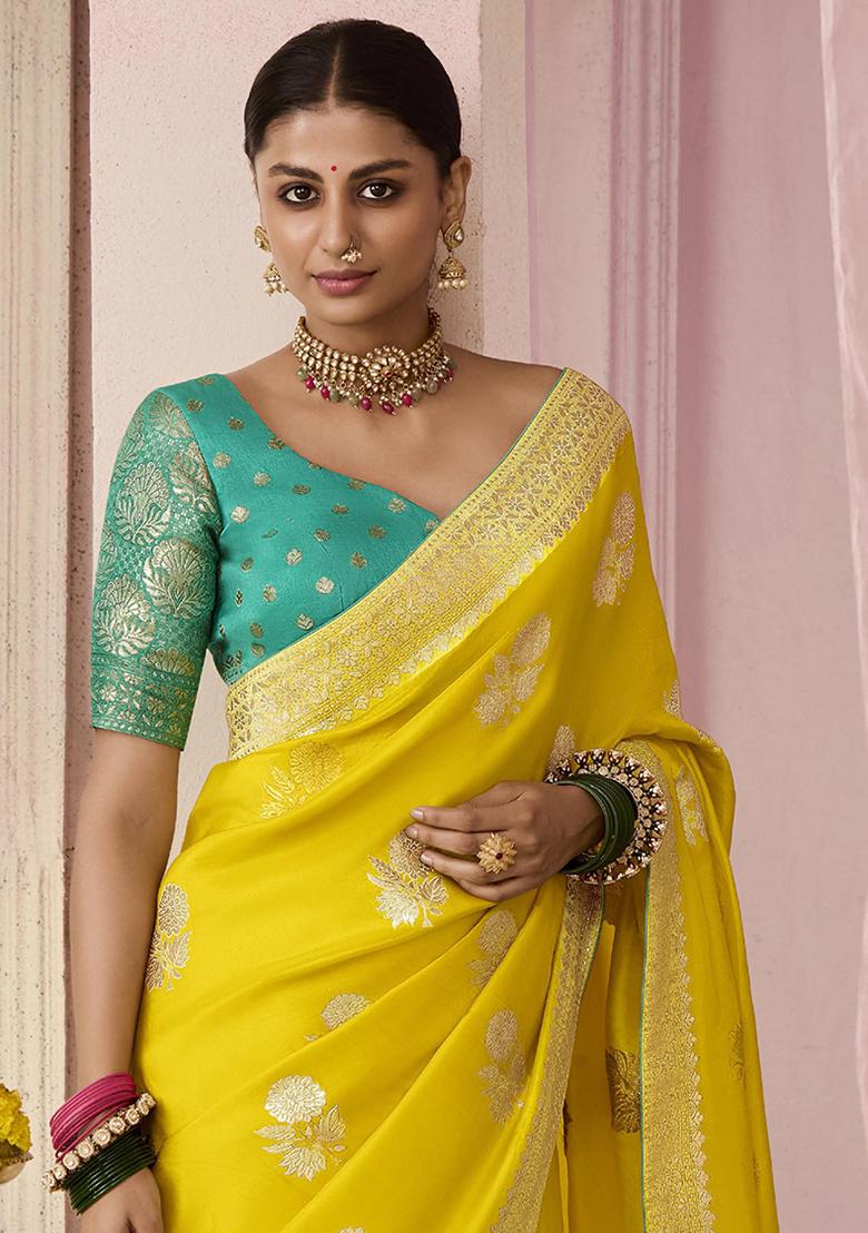 Yellow Floral Print Viscose Saree Set