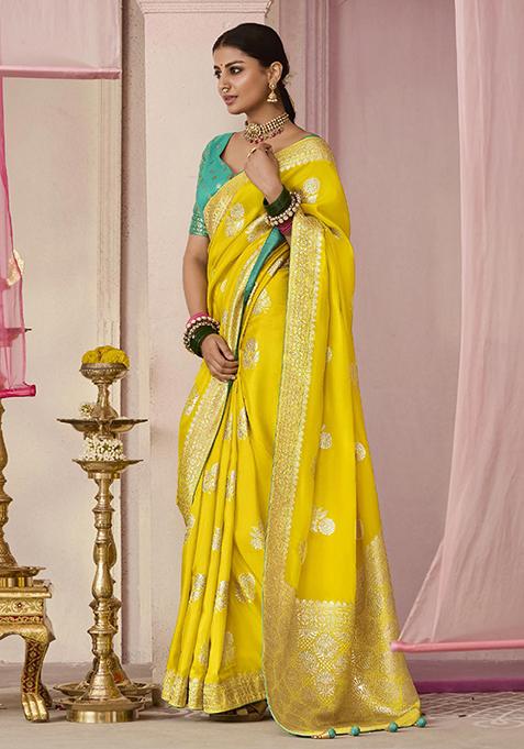 Yellow Floral Print Viscose Saree Set