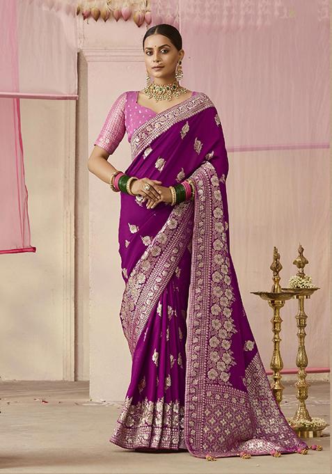 Purple Floral Print Viscose Saree Set