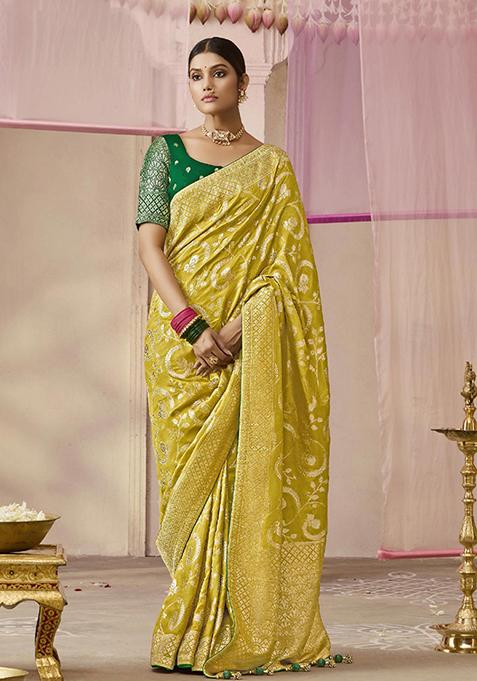 Light Olive Floral Print Viscose Saree Set