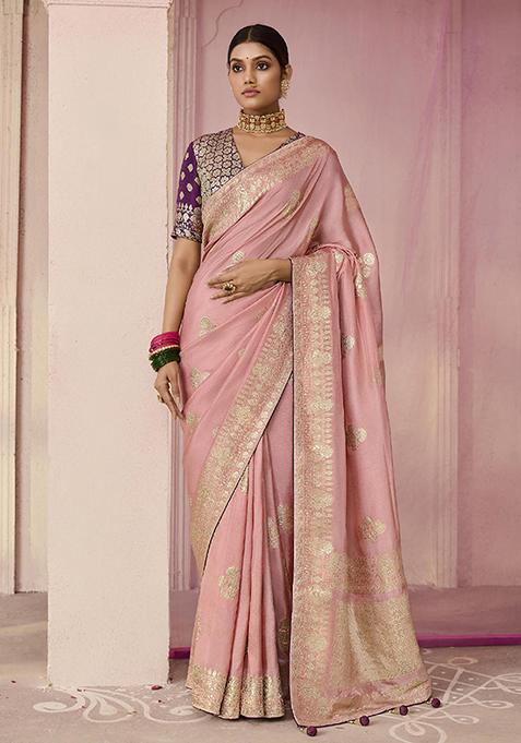 Light Pink Floral Print Viscose Saree Set