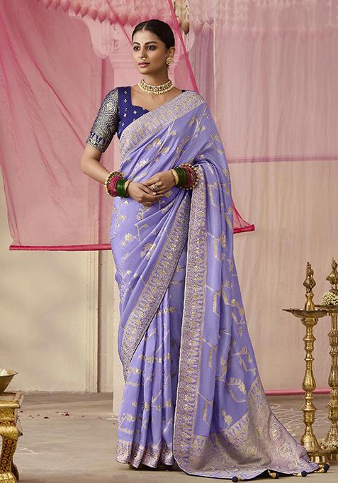 Lavender Floral Print Viscose Saree Set