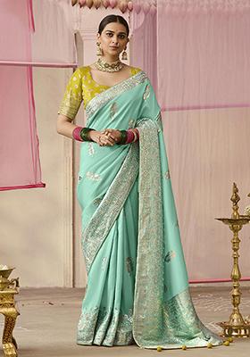 Aqua Blue Floral Print Viscose Saree Set
