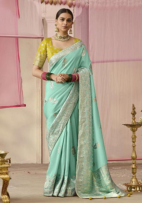 Aqua Blue Floral Print Viscose Saree Set