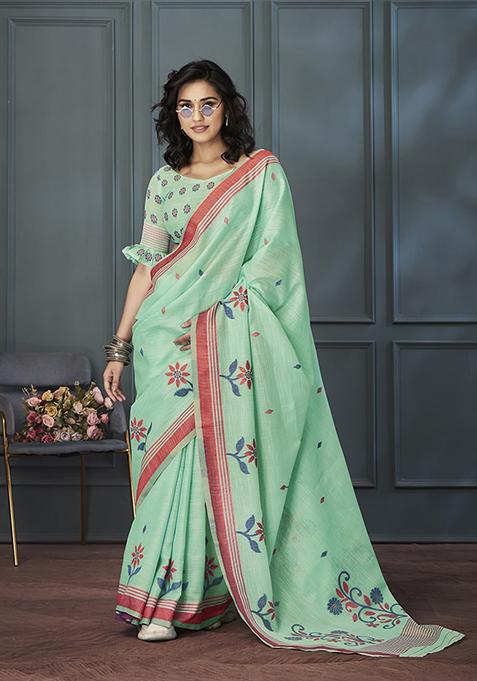 Sea Green Printed Woven Linen Saree Set