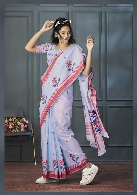 Lavender Printed Woven Linen Saree Set