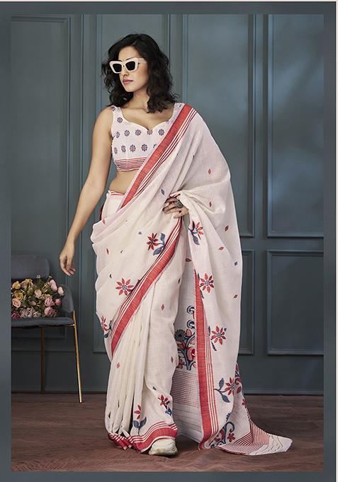 Off White Printed Woven Linen Saree Set