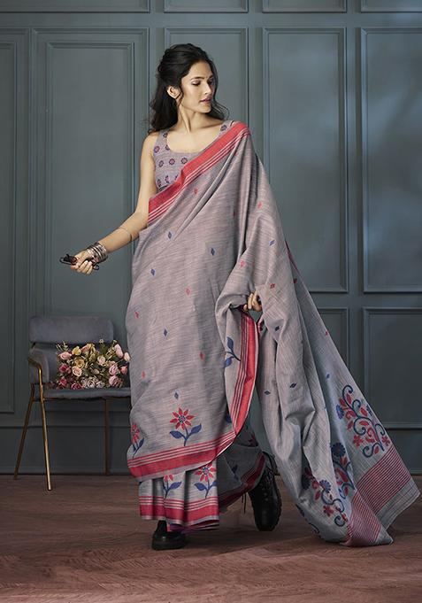 Grey Printed Woven Linen Saree Set