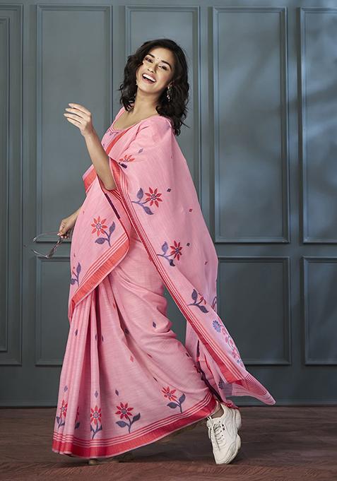 Pink Printed Woven Linen Saree Set