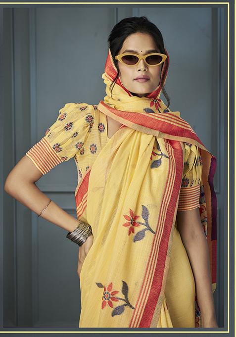 Yellow Printed Woven Linen Saree Set