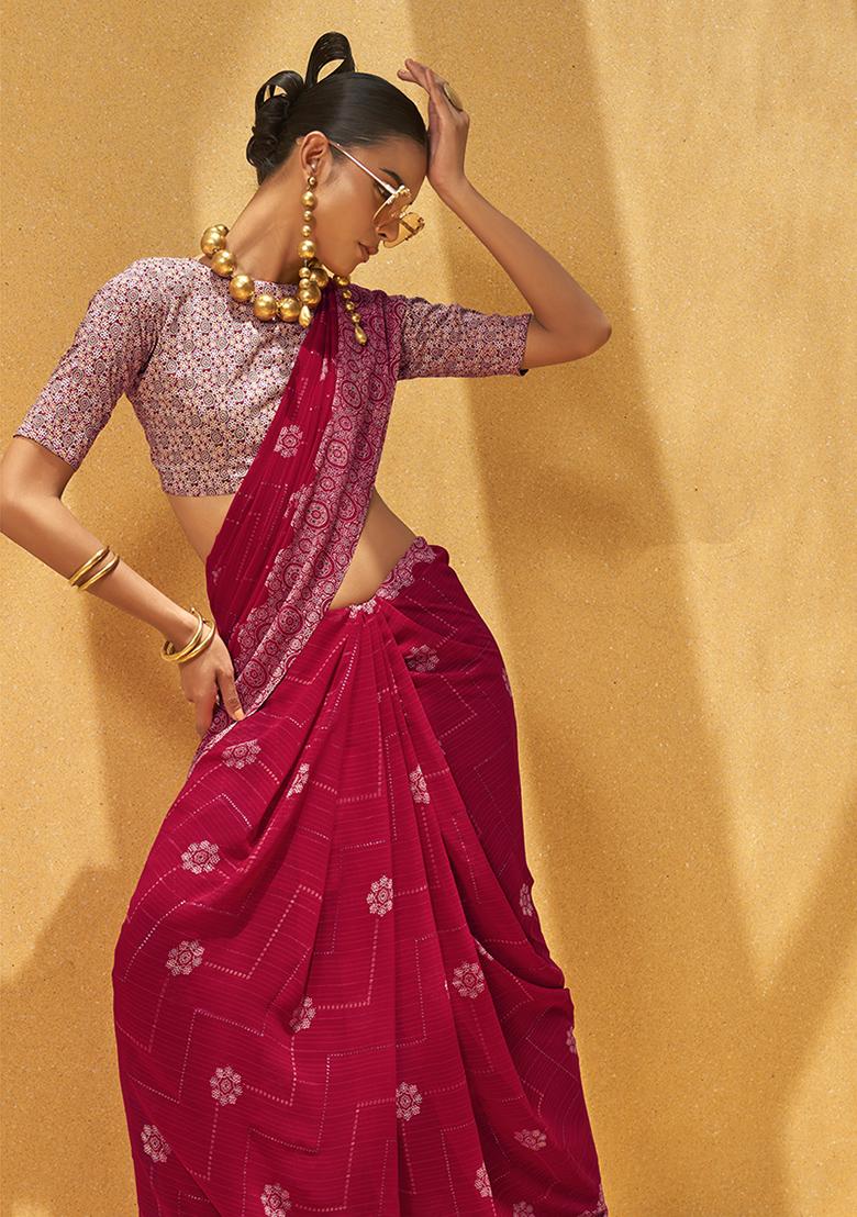 Rani Pink Printed Georgette Saree Set