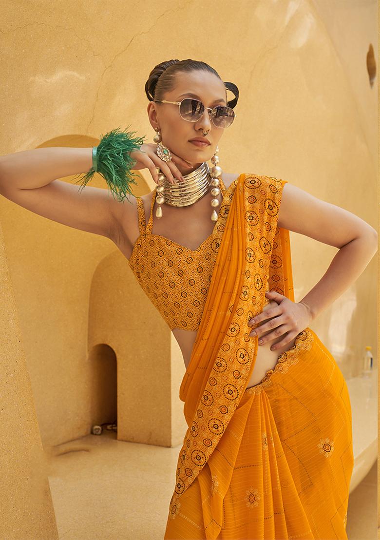 Yellow Printed Georgette Saree Set