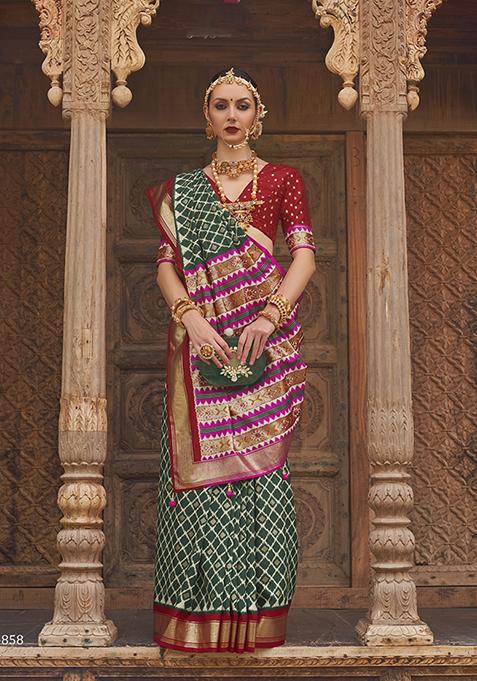 Dark Green Zari Woven Patola Silk Saree Set