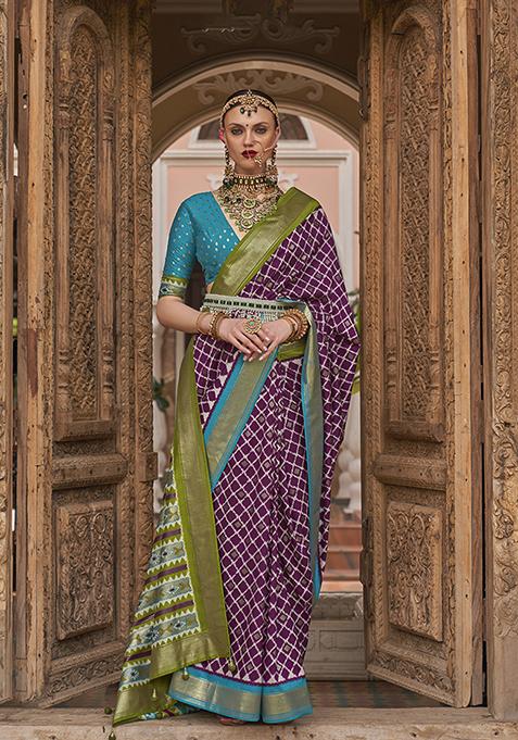 Purple Zari Woven Patola Silk Saree Set