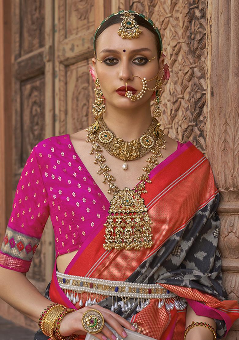 Dark Grey Zari Woven Patola Silk Saree Set