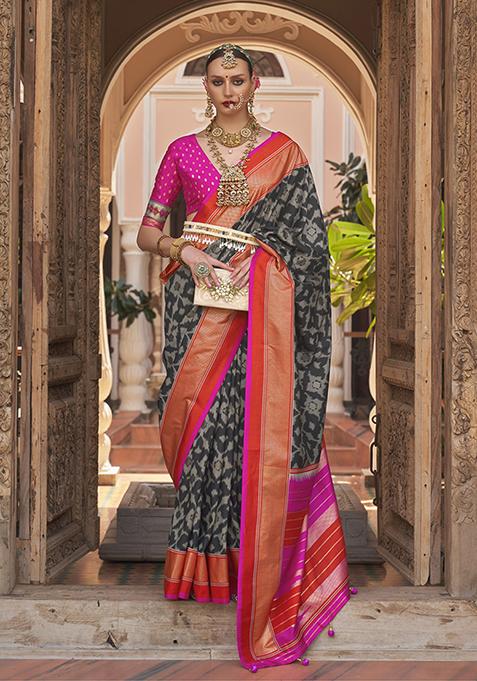 Dark Grey Zari Woven Patola Silk Saree Set