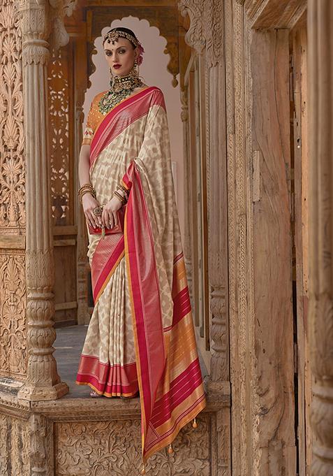 Cream Zari Woven Patola Silk Saree Set