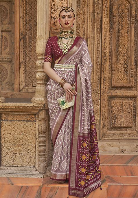 Light Mauve Zari Woven Patola Silk Saree Set