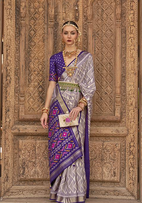 Light Grey Zari Woven Patola Silk Saree Set