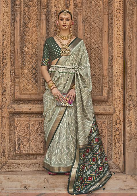 Light Green Zari Woven Patola Silk Saree Set