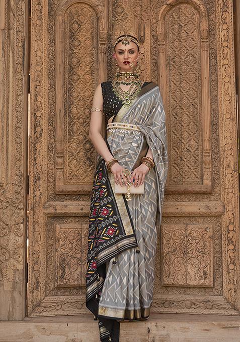 Light Grey Zari Woven Saree Set