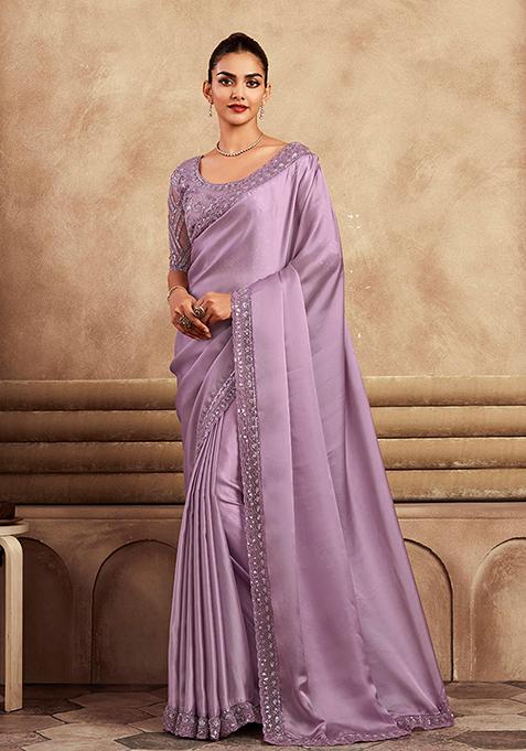 Lavender Zarkan Work Satin Saree Set