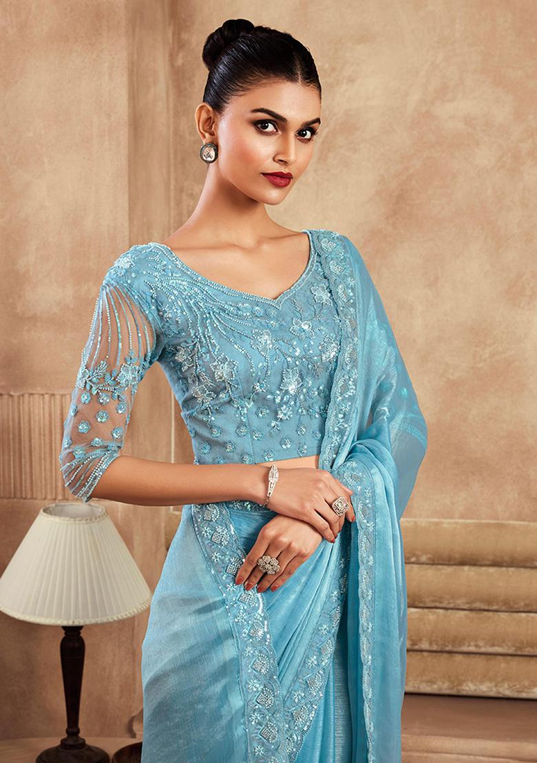 Sky Blue Zarkan Work Chiffon Saree Set