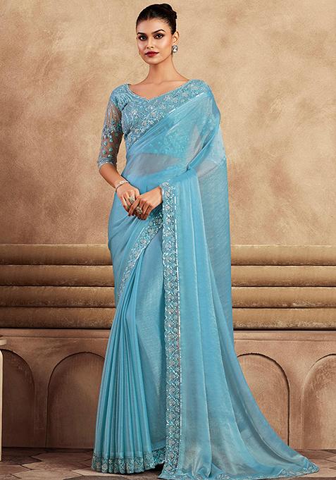 Sky Blue Zarkan Work Chiffon Saree Set