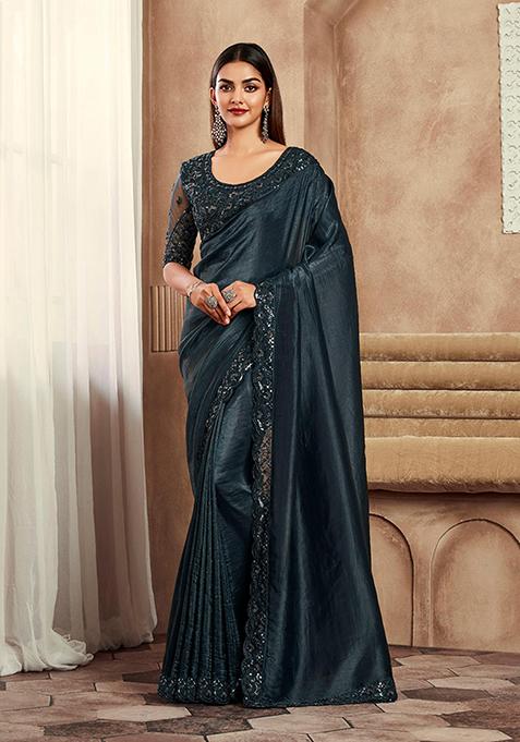 Navy Blue Zarkan Work Faux Silk Saree Set