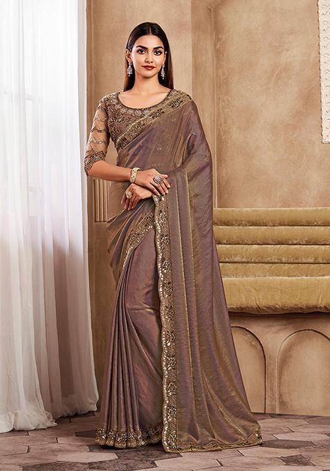 Light Mauve Zarkan Work Faux Silk Saree Set