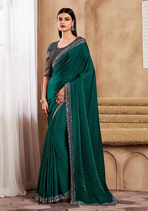 Dark Teal Zarkan Work Faux Silk Saree Set