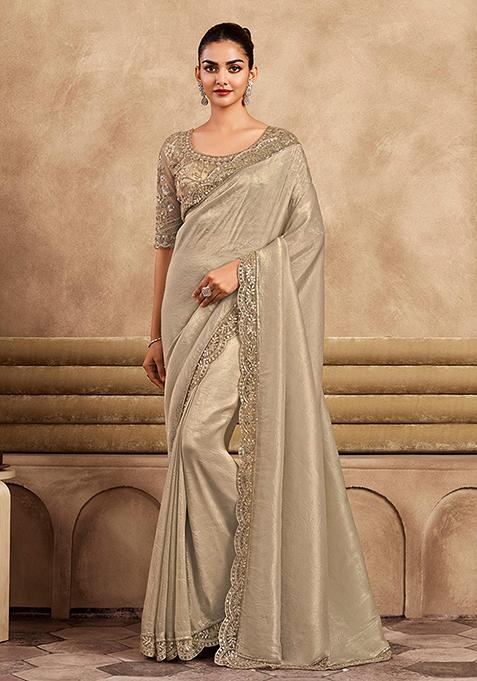 Beige Zarkan Work Faux Silk Saree Set