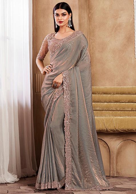 Light Grey Zarkan Work Faux Silk Saree Set