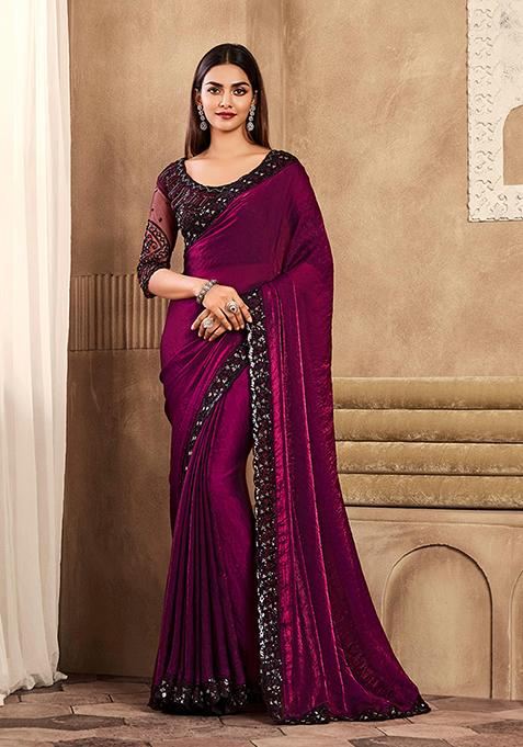 Dark Wine Zarkan Work Faux Silk Saree Set