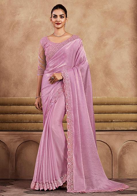 Pink Zarkan Work Faux Silk Saree Set